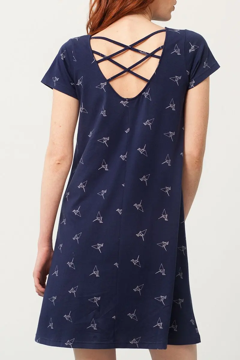 Vestido evasé azul estampado origami