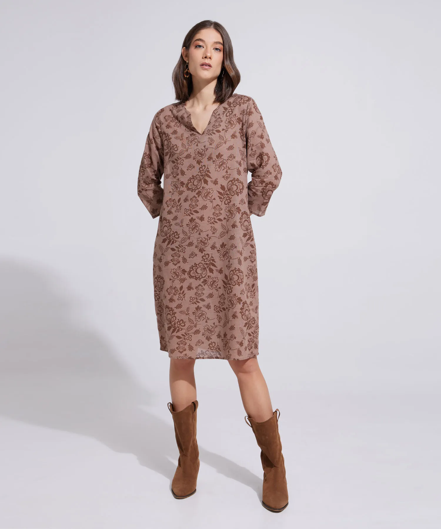 VESTIDO MANGA &FRAC34; CON ESTAMPADO CON ESTAMPADO